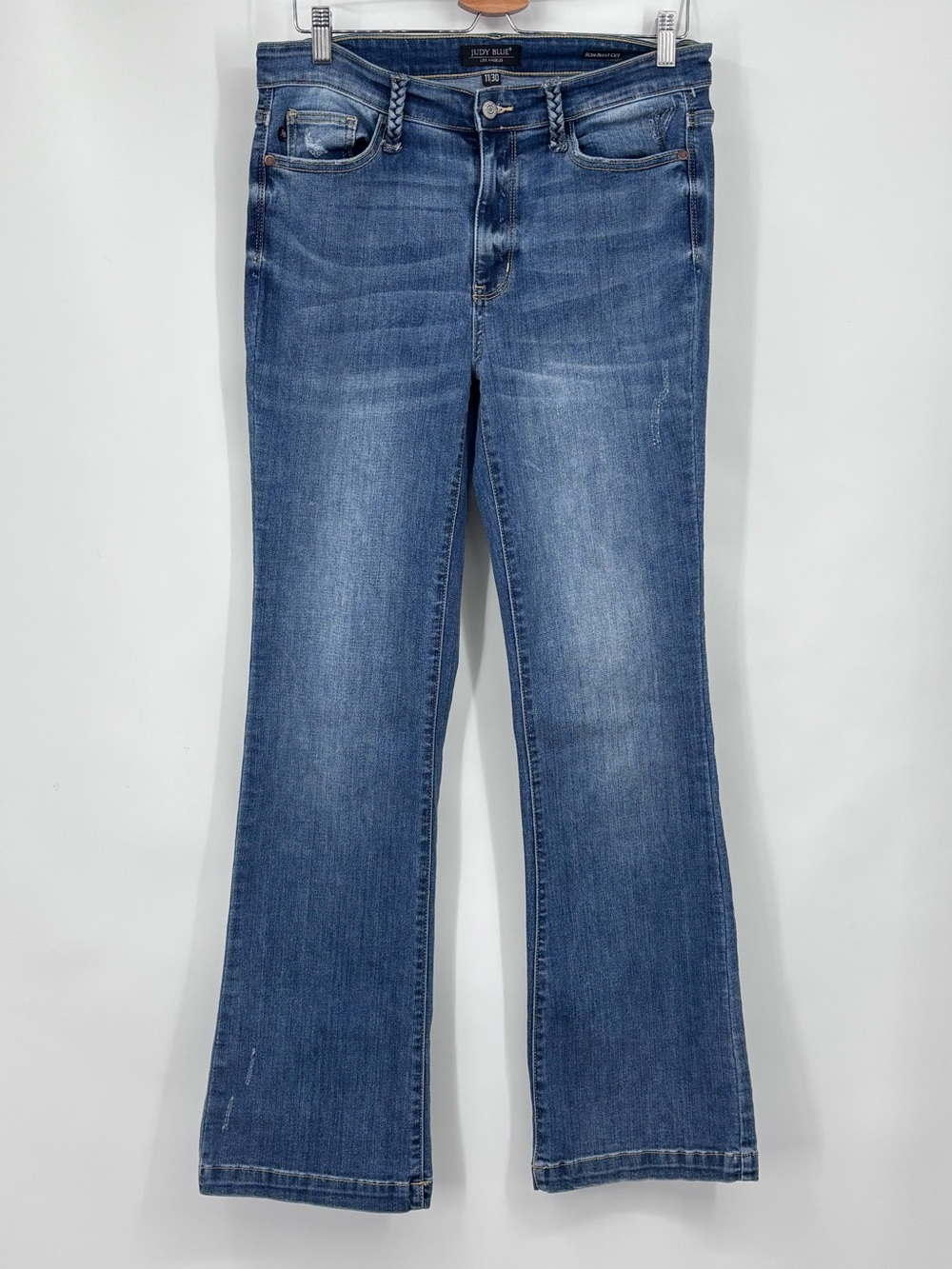 JUDY BLUE women’s Lolo denim slim bootcut jeans Sz 11/30 medium wash braided